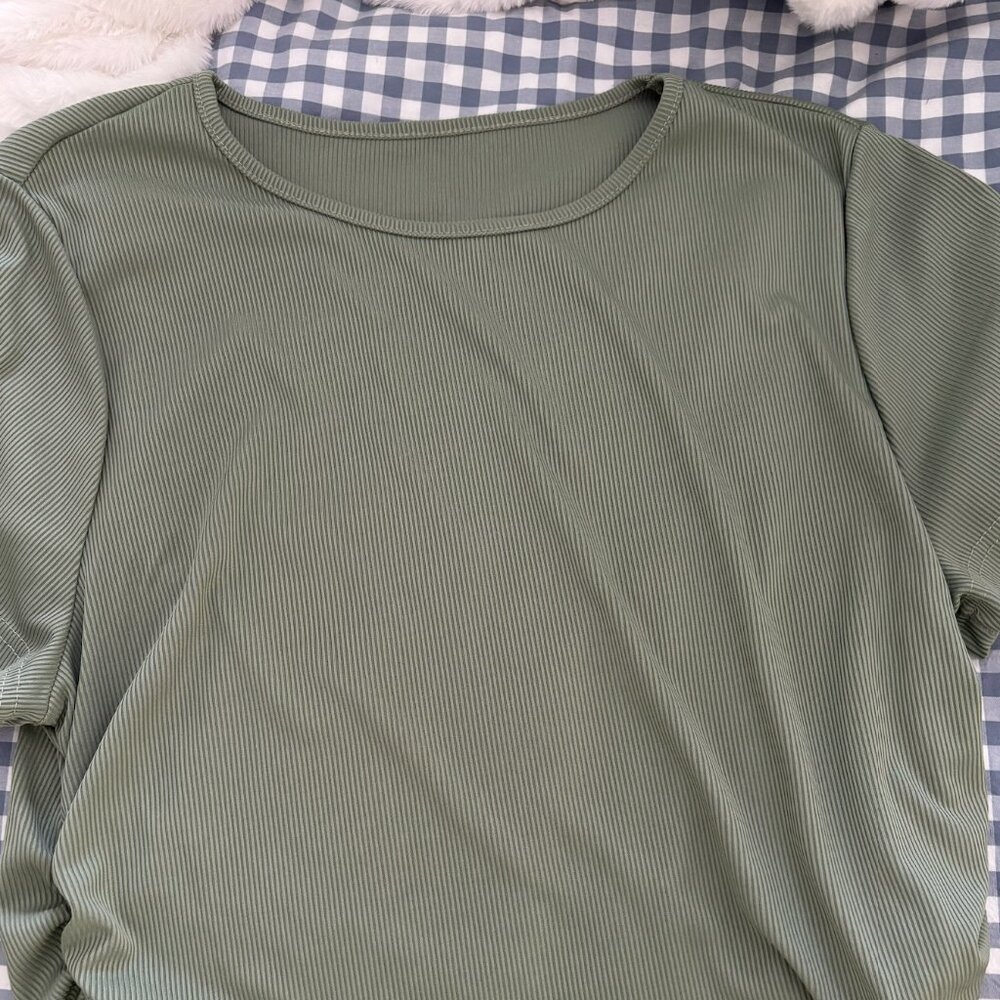 Shein Curve Sage Green Ribbed Short Sleeve Top